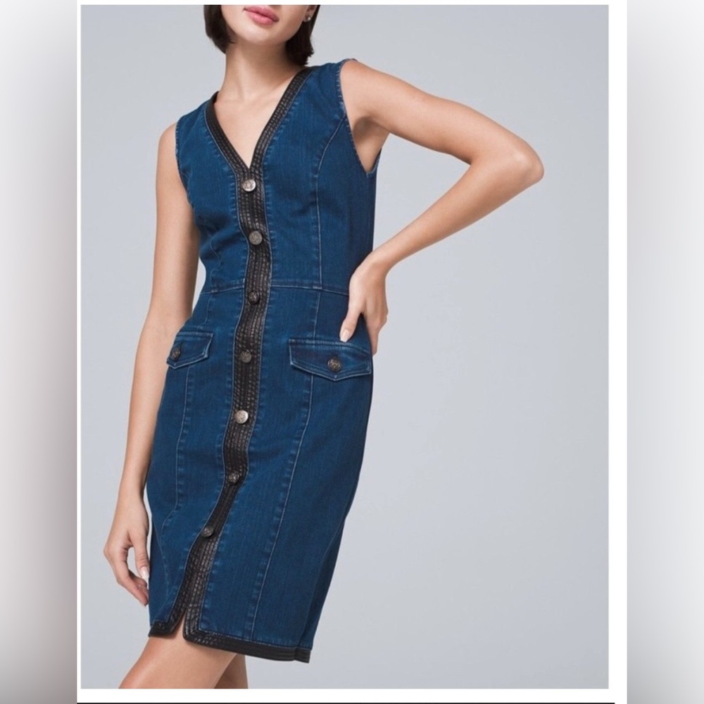 White House Black Market Denim Couture Jean Dress Chambray Faux‎ Leather 00